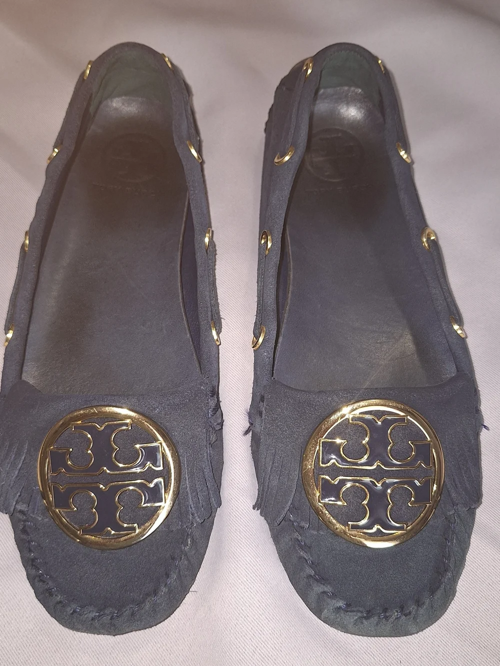 Tory Burch Alexandra Navy Blue Suede Moccasin Flats Slip-On Logo Women's Size 7M